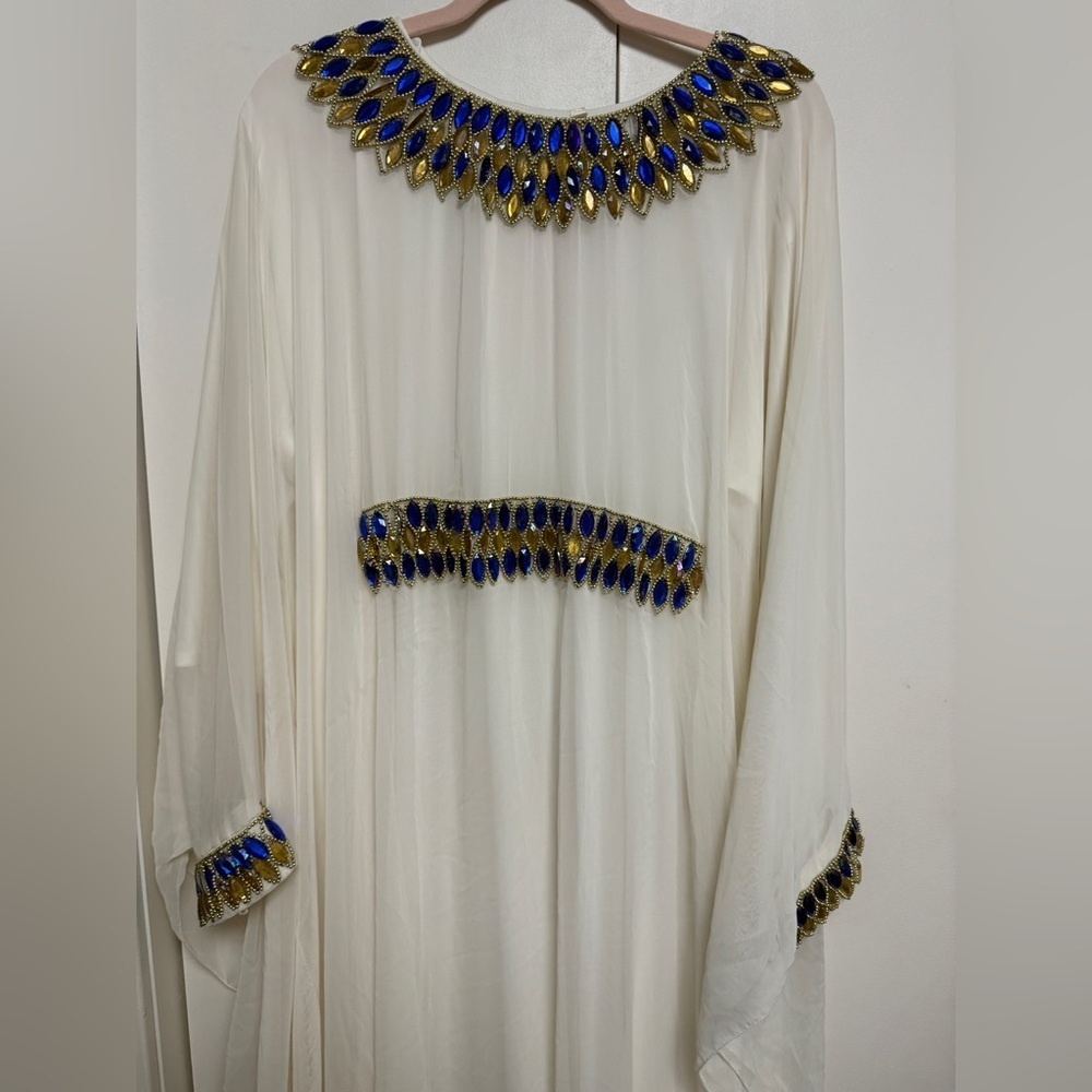 Embellished Ivory Maxi Dress with Blue & Gold Accents - Picture 4 of 7